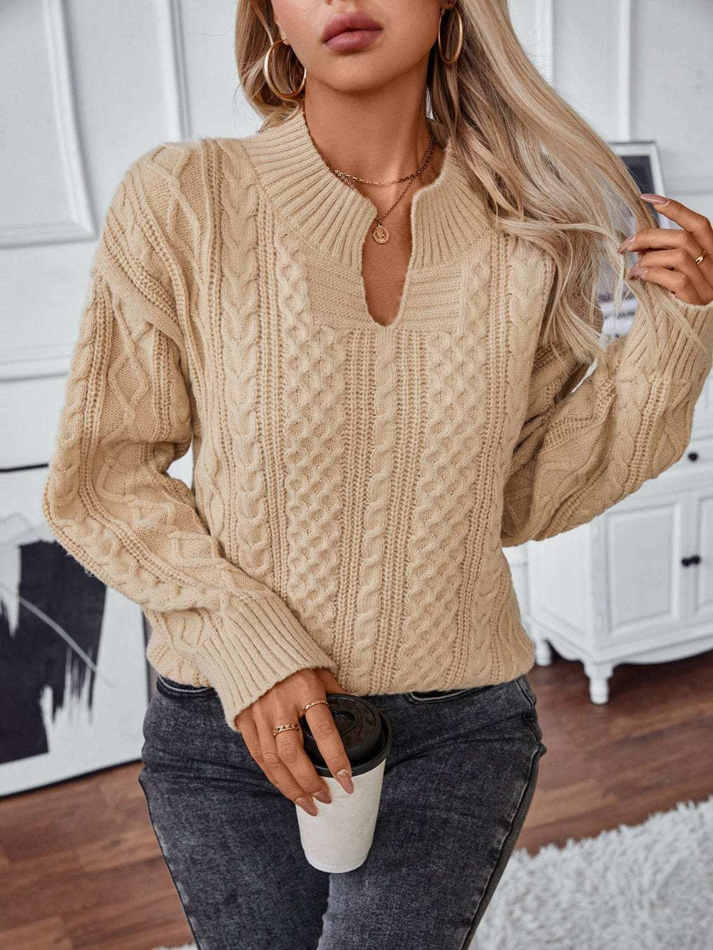 Cable-Knit Notched Long Sleeve Sweater - Trendsi - Flyclothing LLC