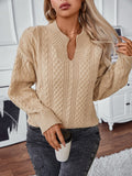 Cable-Knit Notched Long Sleeve Sweater - Trendsi