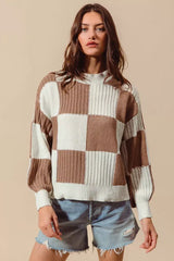 SO ME Ribbed Color Block Checkered Plaid Sweater - Trendsi - Flyclothing LLC