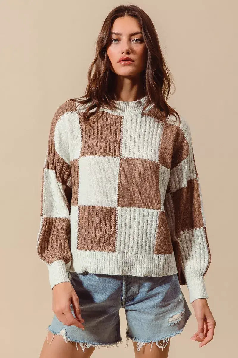 SO ME Ribbed Color Block Checkered Plaid Sweater - Trendsi - Flyclothing LLC