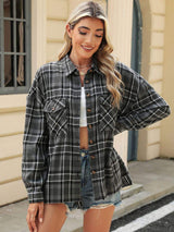 Pocketed Plaid Collared Neck Long Sleeve Shirt - Trendsi - Flyclothing LLC