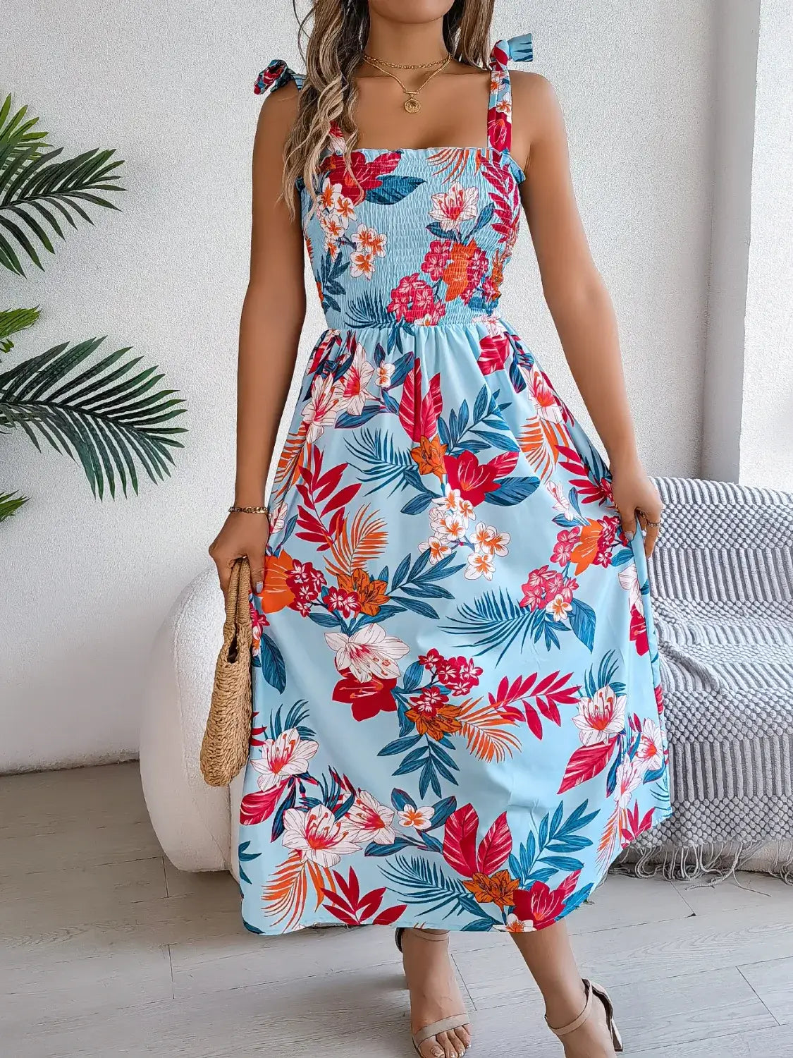 Smocked Floral Tie Shoulder Midi Dress - Trendsi - Flyclothing LLC
