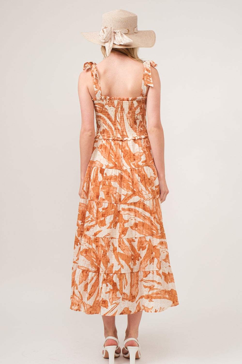 And The Why Tie Shoulder Smocked Midi Tiered Dress - Trendsi - Flyclothing LLC