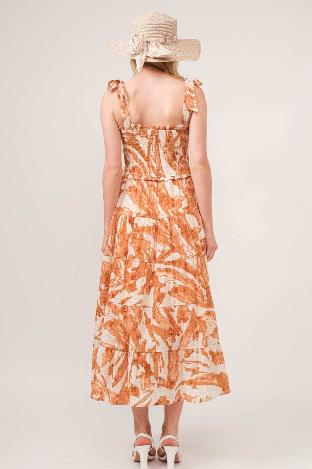 And The Why Tie Shoulder Smocked Midi Tiered Dress - Trendsi - Flyclothing LLC