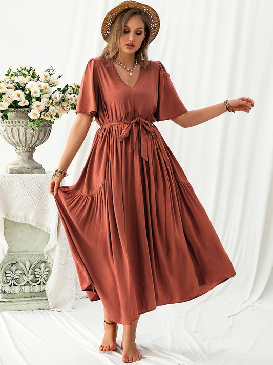 Plus Size V-Neck Flutter Sleeve Midi Dress - Trendsi