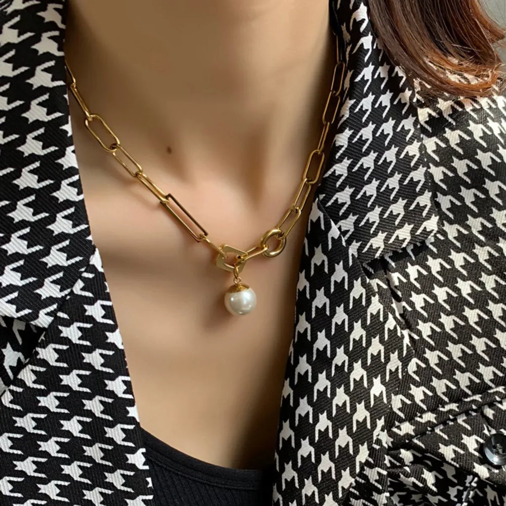 18K Gold-Plated Chain Pearl Necklace - Trendsi - Flyclothing LLC