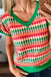 Contrast Striped V-Neck Knit Top - Trendsi