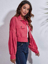 Button Down Collared Neck Cropped Jacket - Trendsi - Flyclothing LLC