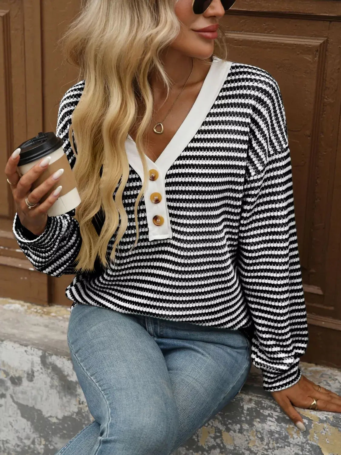 Striped Button Detail Long Sleeve T-Shirt - Trendsi - Flyclothing LLC