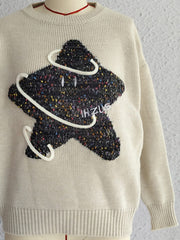 Contrast Star Round Neck Long Sleeve Sweater - Trendsi