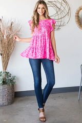 Heimish Full Size Tiered Leopard Round Neck Blouse with Ruffled Detail Plus Size - Trendsi - Flyclothing LLC