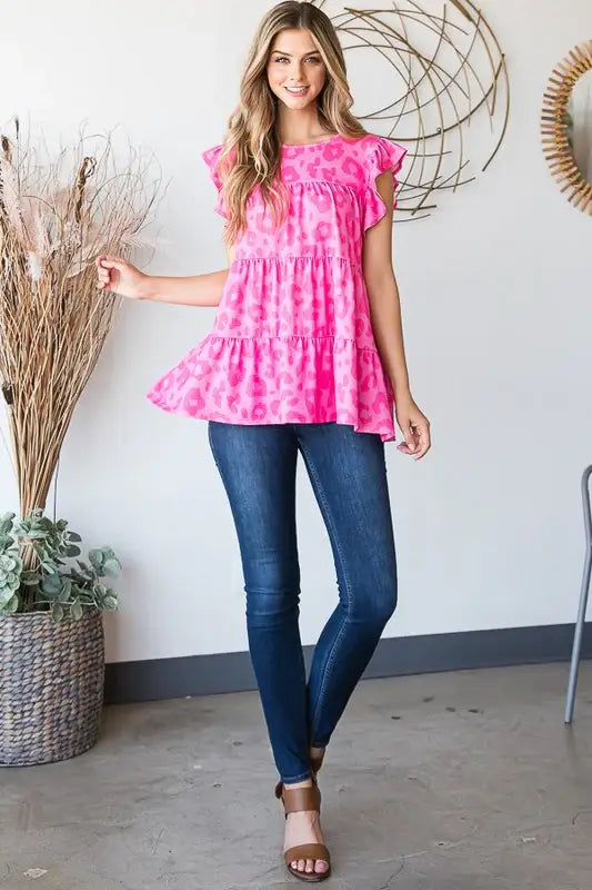 Heimish Full Size Tiered Leopard Round Neck Blouse with Ruffled Detail Plus Size - Trendsi - Flyclothing LLC