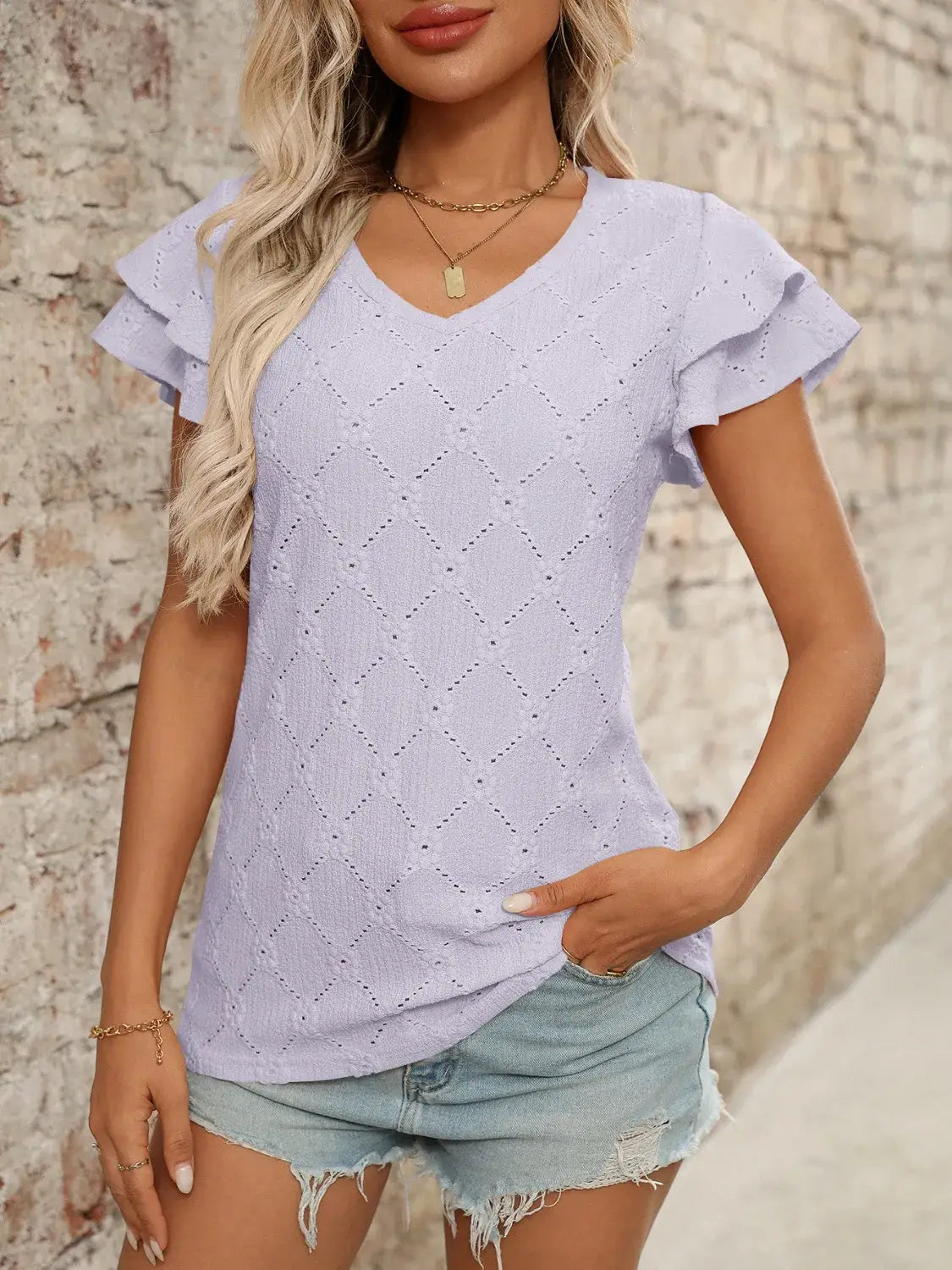 Eyelet V-Neck Ruffled Cap Sleeve Top - Trendsi - Flyclothing LLC