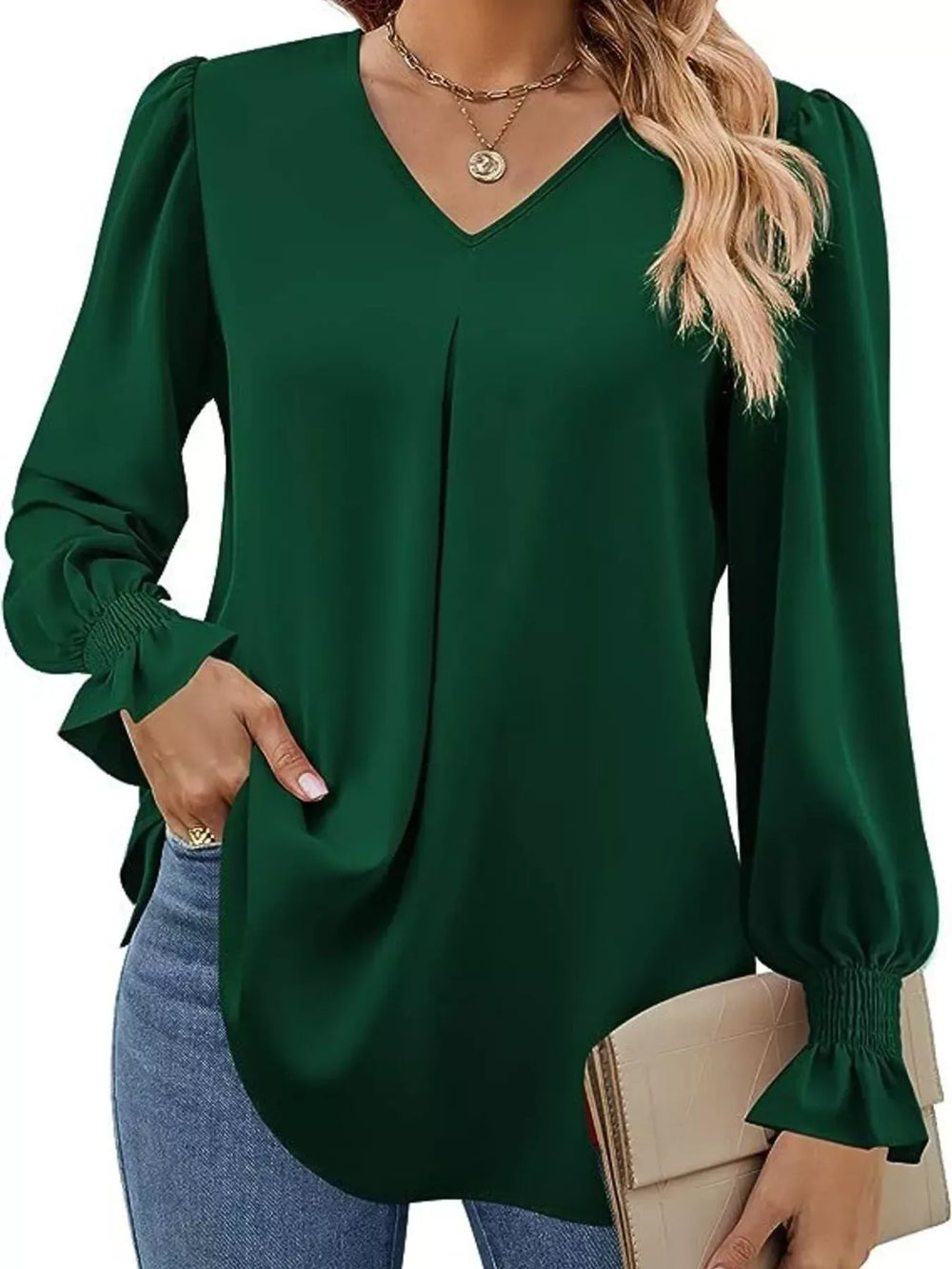 V-Neck Long Sleeve Ruffle Cuff Blouse - Trendsi - Flyclothing LLC