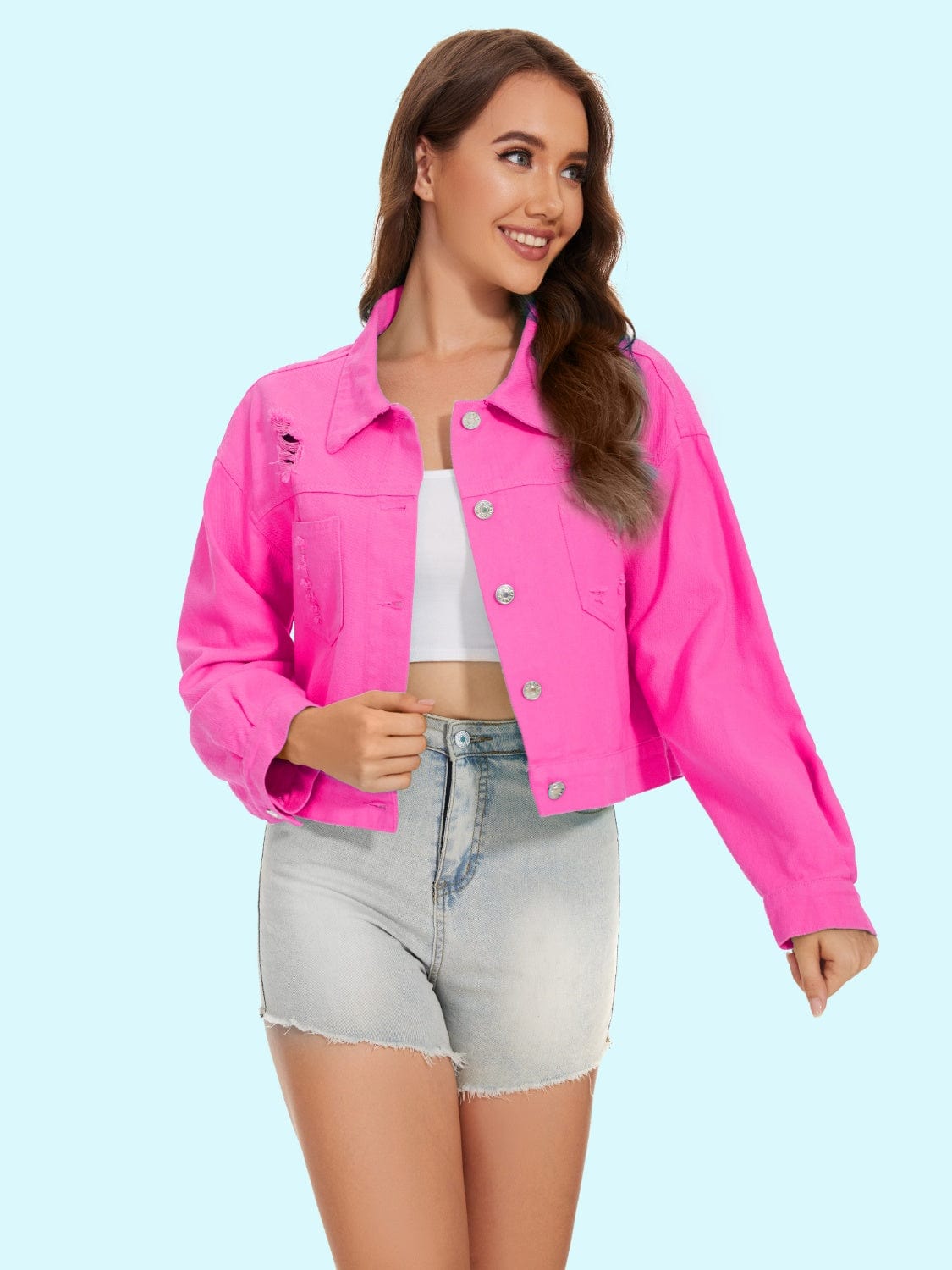 Distressed Distressed Button Up Denim Jacket - Trendsi