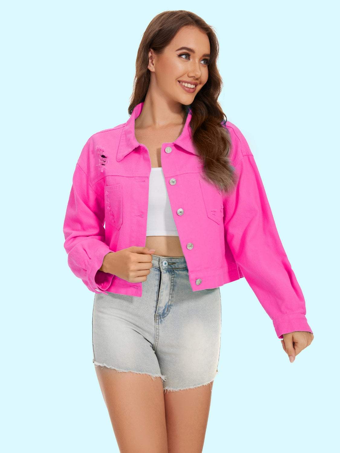 Distressed Distressed Button Up Denim Jacket - Trendsi - Flyclothing LLC