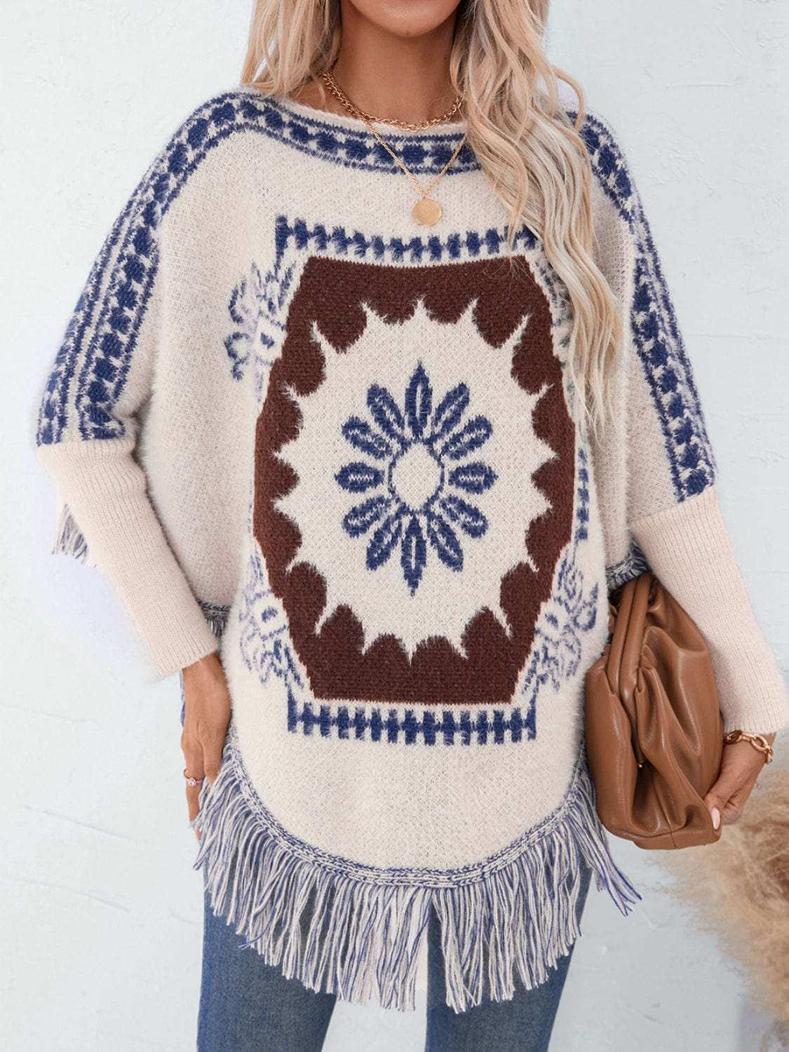 Fringe Geometric Long Sleeve Poncho - Trendsi