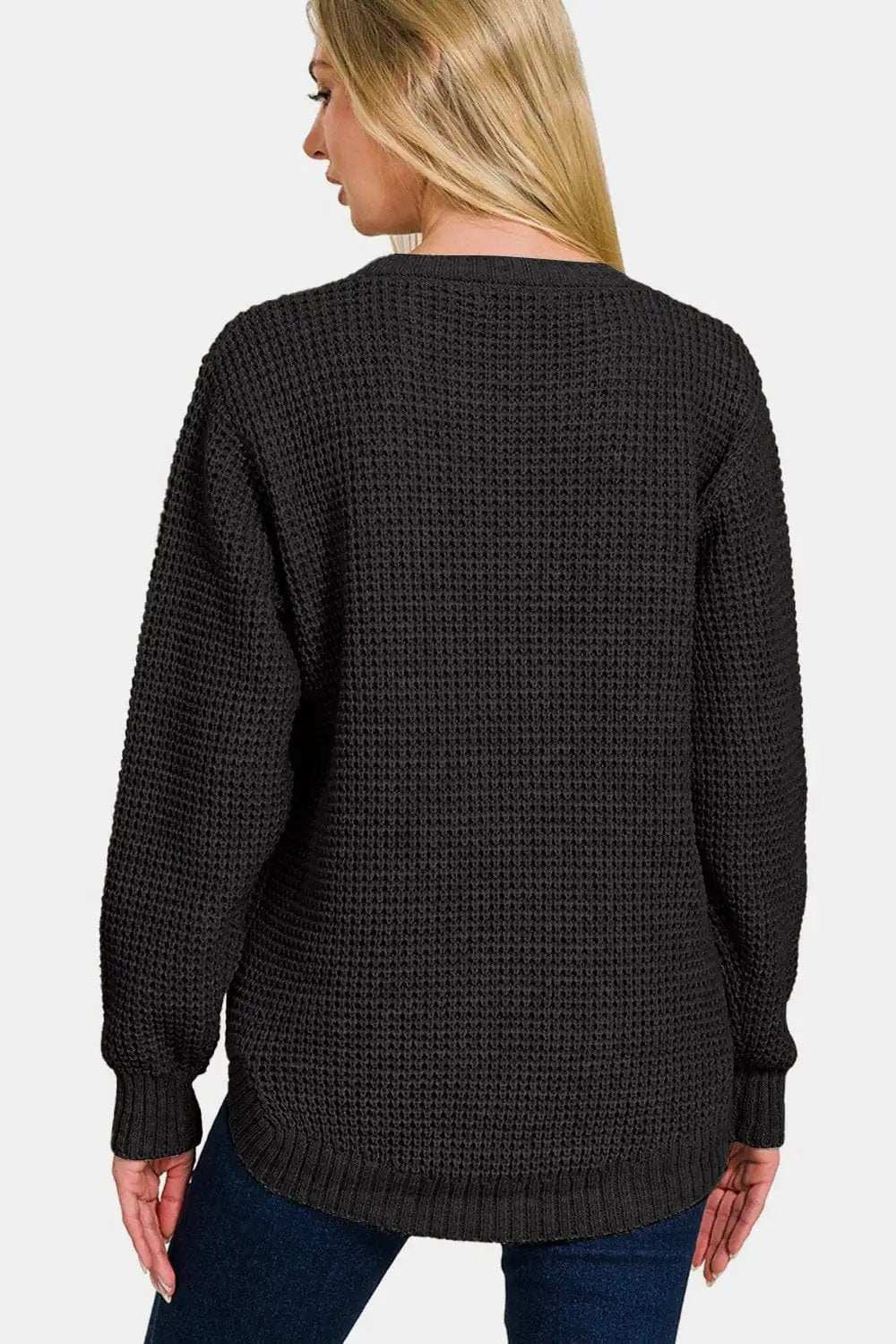 Zenana High Low Long Sleeve Waffle Sweater - Trendsi - Flyclothing LLC