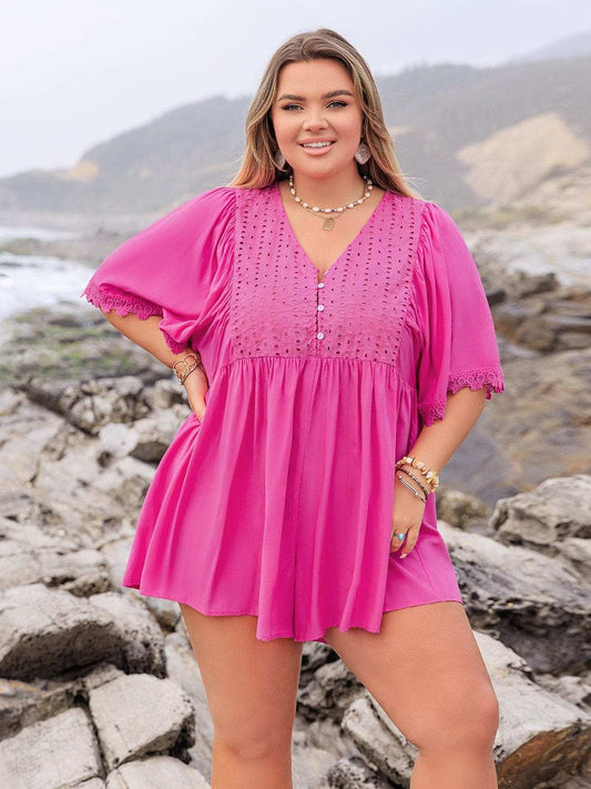 Plus Size Lace Detail V-Neck Half Sleeve Romper - Trendsi - Flyclothing LLC