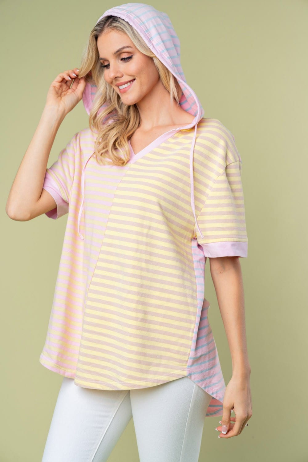 White Birch Full Size Striped Short Sleeve Drawstring Hooded Top Trendsi