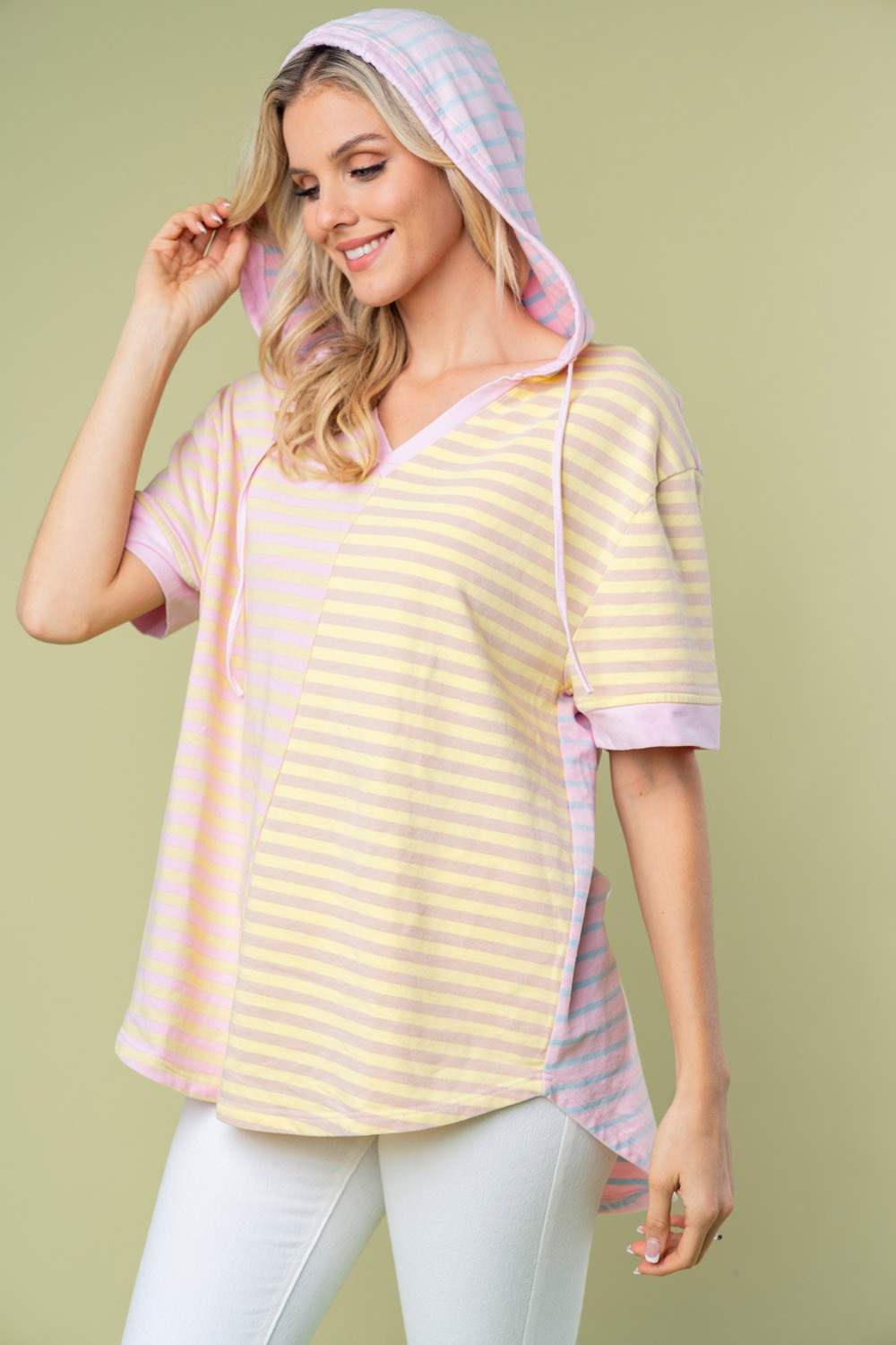 White Birch Full Size Striped Short Sleeve Drawstring Hooded Top - Trendsi - Flyclothing LLC