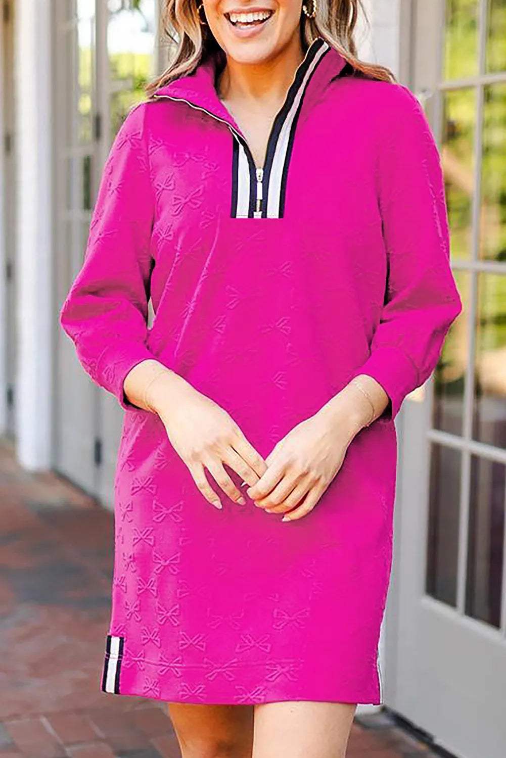 Texture Quarter Zip Long Sleeve Mini Dress - Trendsi - Flyclothing LLC