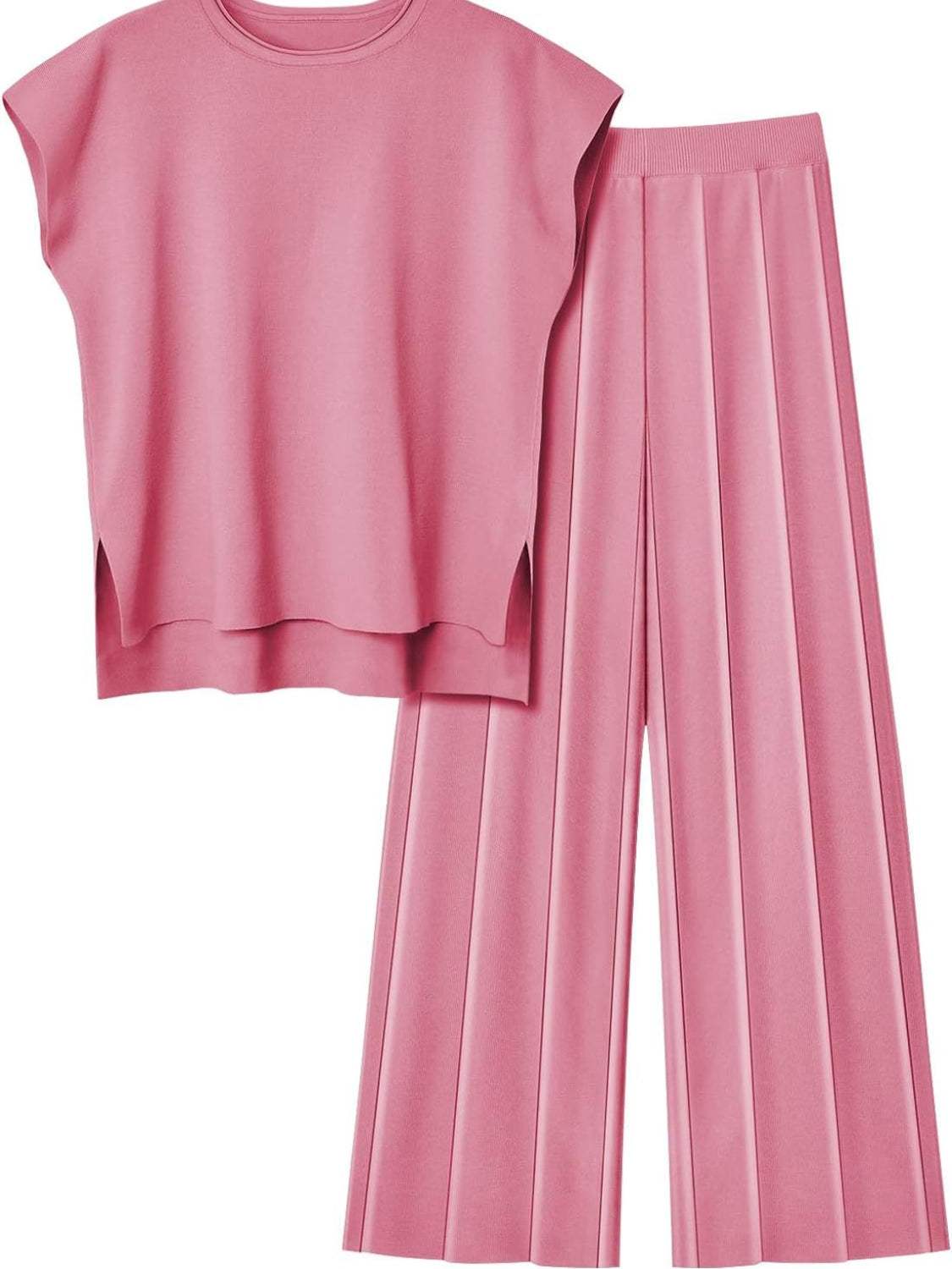 Round Neck Cap Sleeve Top and Pants Knit Set - Trendsi - Flyclothing LLC