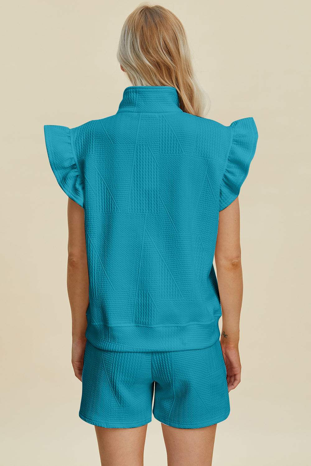 Double Take Full Size Texture Flounce Sleeve Top and Shorts Set - Trendsi - Flyclothing LLC