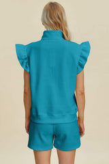 Double Take Full Size Texture Flounce Sleeve Top and Shorts Set - Trendsi - Flyclothing LLC