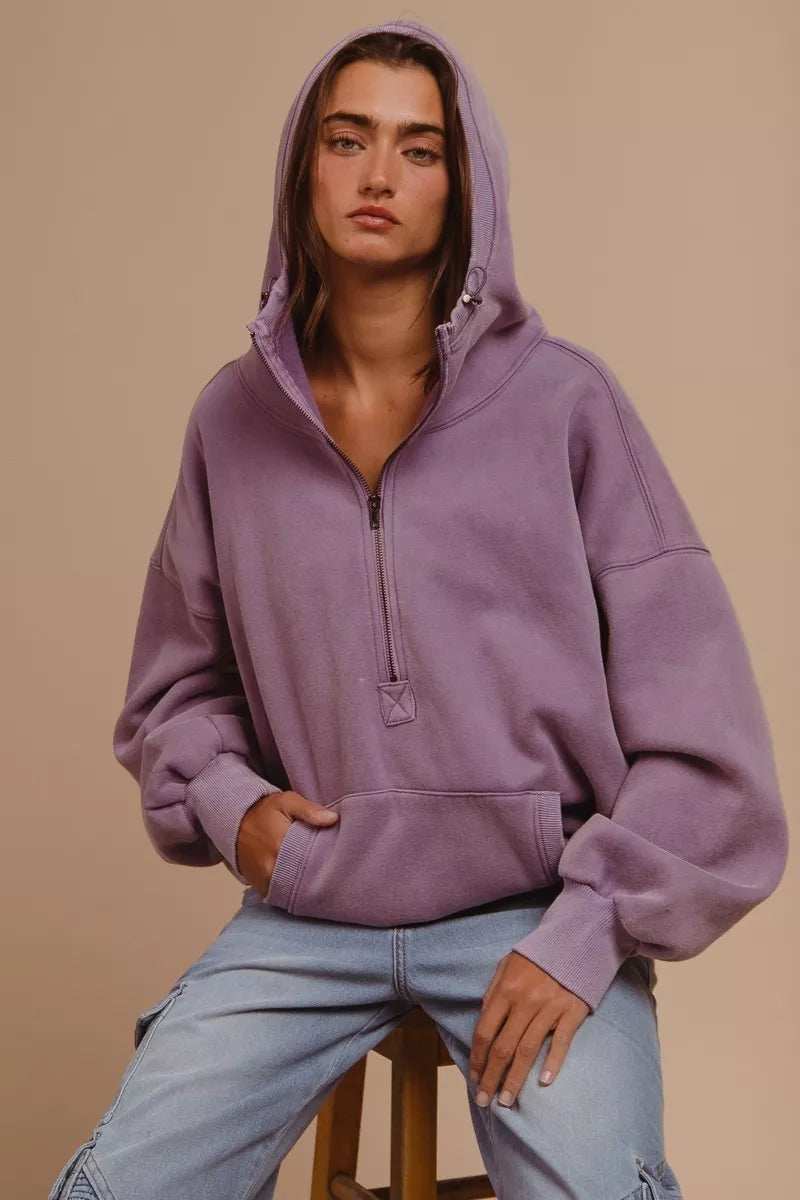 BiBi Stitch Detailed Elastic Hem Half Zip Fleece Hoodie - Trendsi - Flyclothing LLC