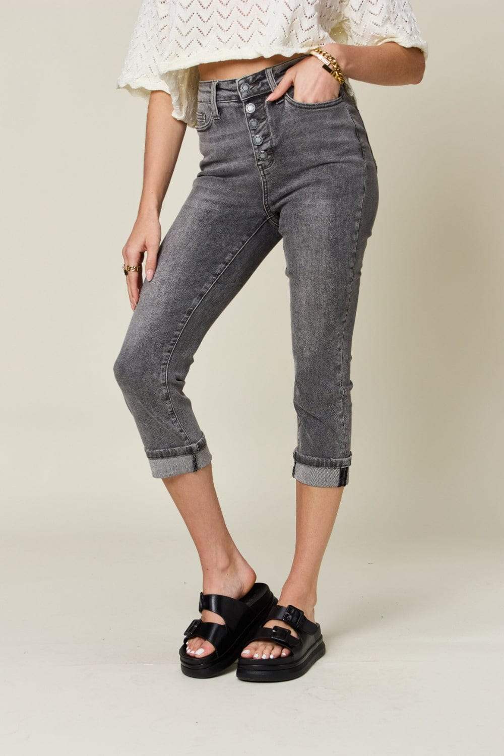 Judy Blue Full Size Button Fly High Waist Cuffed Capris - Trendsi - Flyclothing LLC