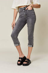 Judy Blue Full Size Button Fly High Waist Cuffed Capris - Trendsi - Flyclothing LLC