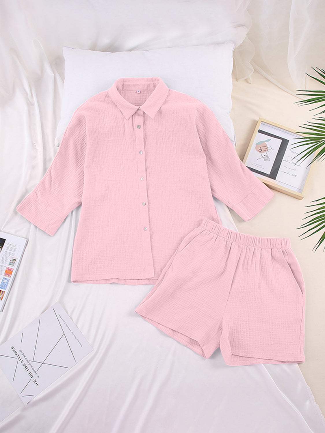 Texture Button Up Shirt and Shorts Set - Trendsi - Flyclothing LLC