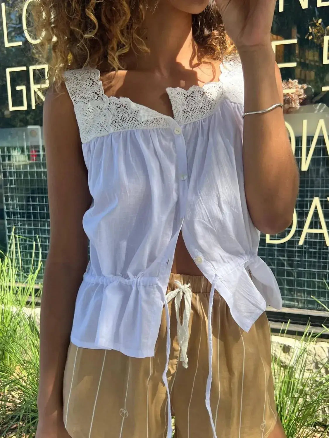 Lace Detail Drawstring Tank - Trendsi - Flyclothing LLC