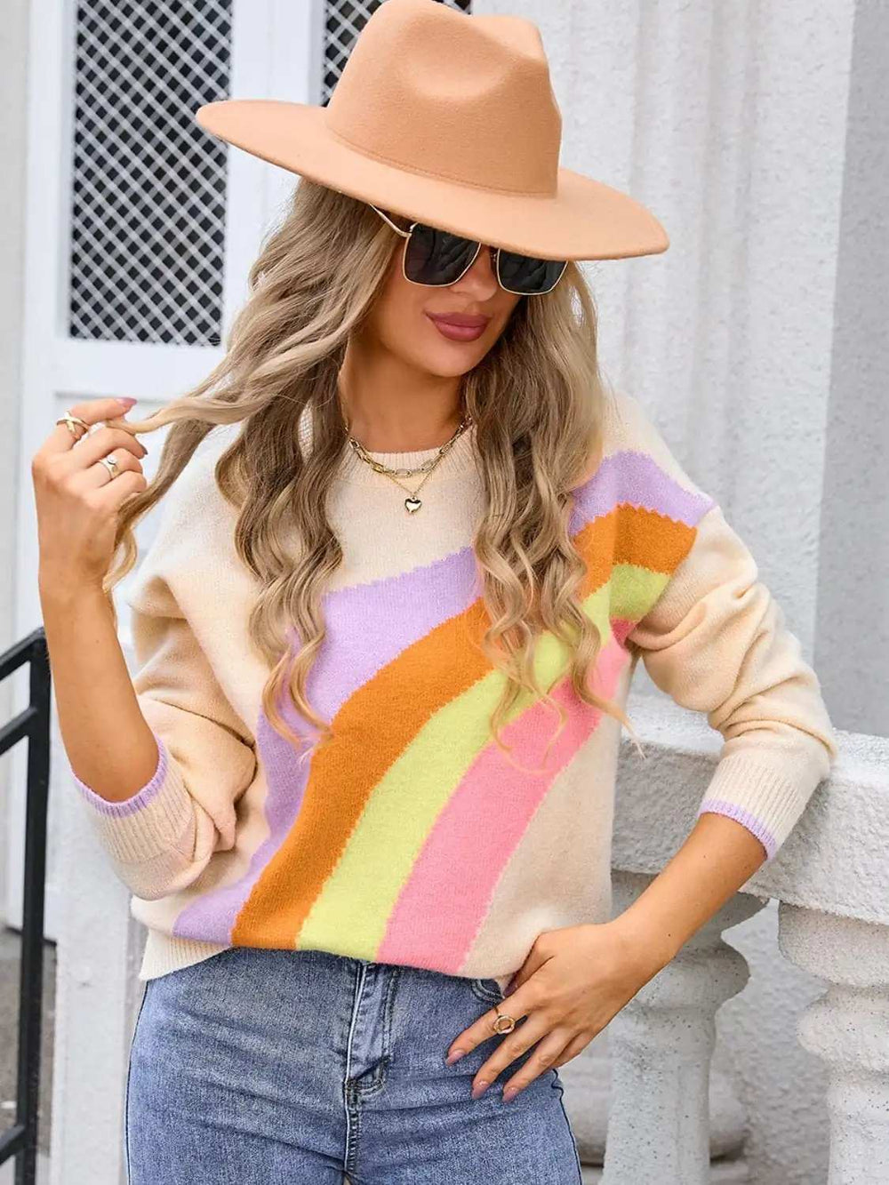 Rainbow Round Neck Long Sleeve Sweater - Trendsi - Flyclothing LLC