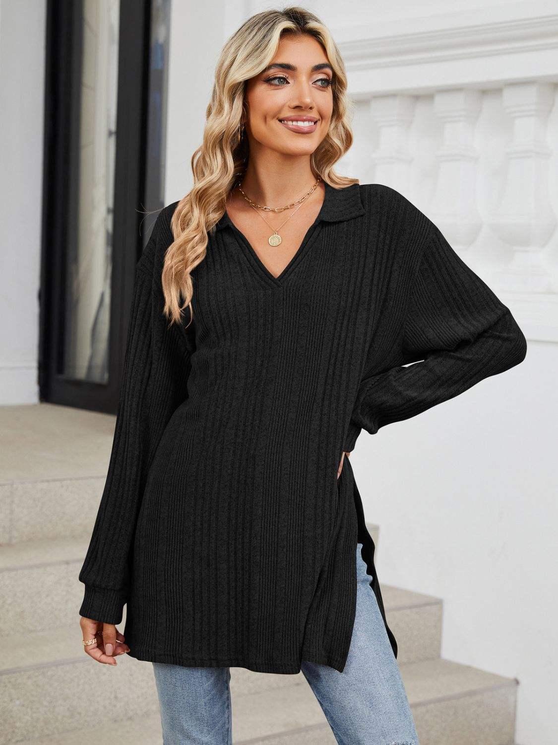 Slit Johnny Collar Long Sleeve T-Shirt - Trendsi - Flyclothing LLC
