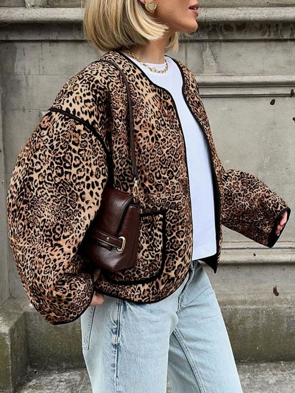 Perfee Leopard Open Front Long Sleeve Jacket - Trendsi