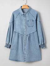 Smocked Cuffs Flared Denim Shirt Mini Dress - Trendsi - Flyclothing LLC
