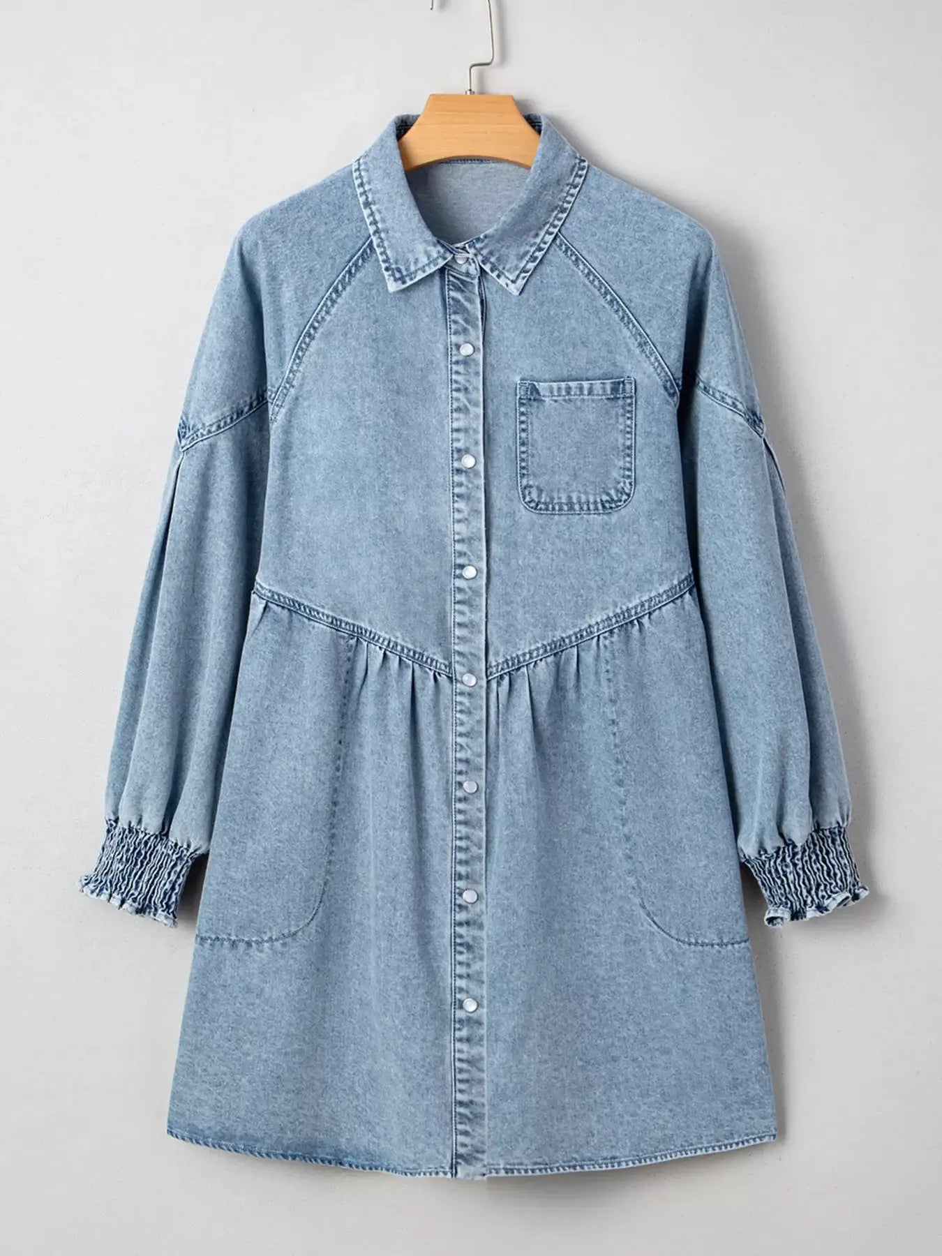 Smocked Cuffs Flared Denim Shirt Mini Dress - Trendsi - Flyclothing LLC