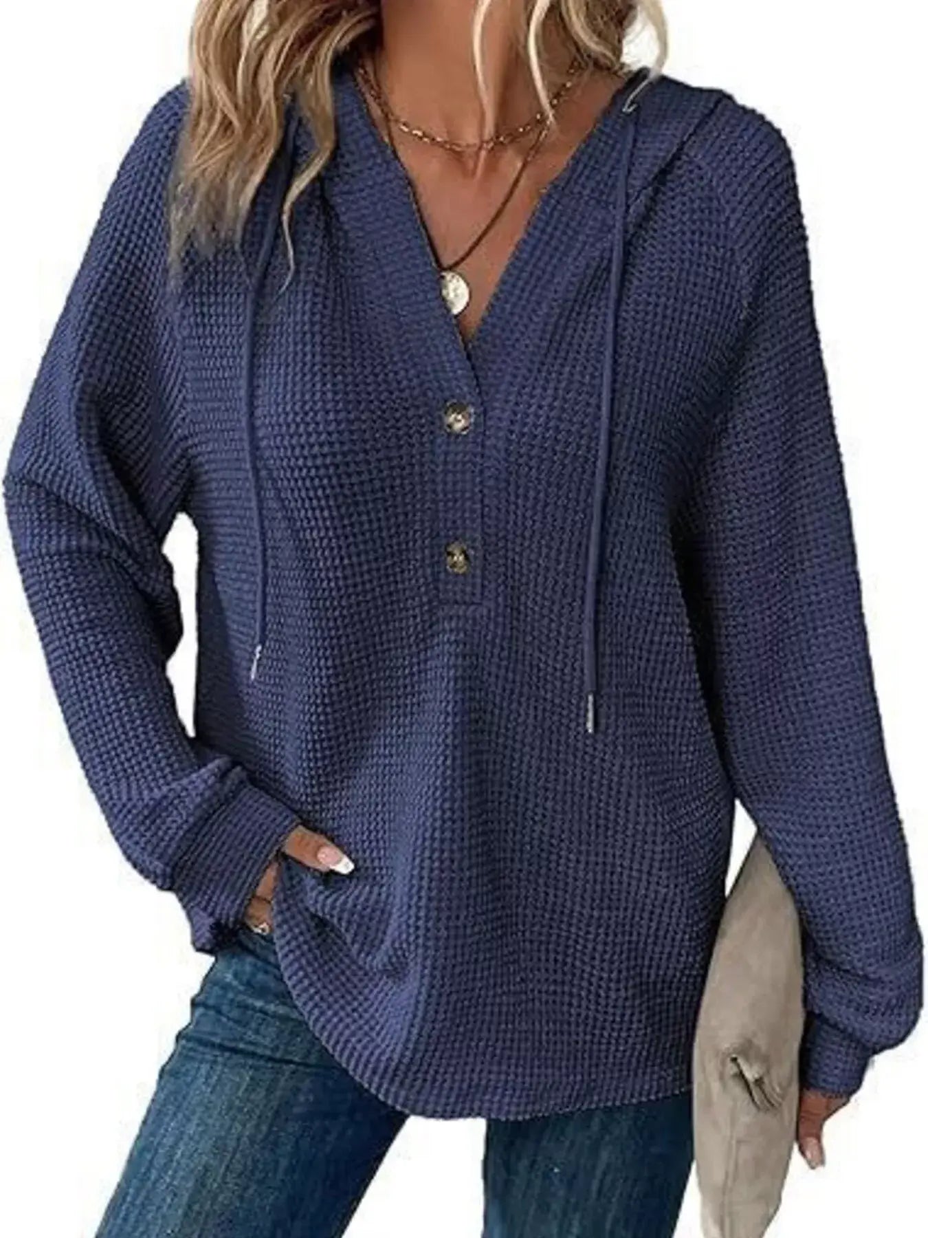 Full Size Button Detail Waffle Knit Hoodie Plus Size - Trendsi - Flyclothing LLC