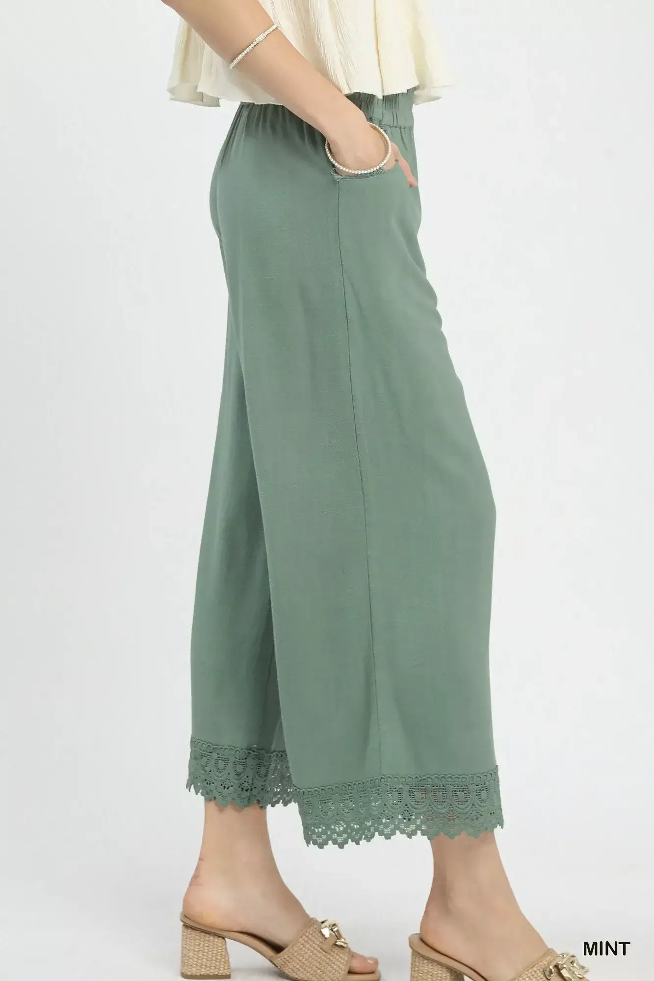 Umgee Linen Wide Leg Cropped Pants with Lace Trim - Trendsi - Flyclothing LLC