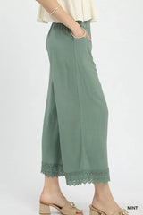 Umgee Linen Wide Leg Cropped Pants with Lace Trim - Trendsi - Flyclothing LLC