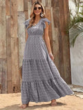 Printed V-Neck Ruffled Cap Sleeve Maxi Dress - Trendsi - Flyclothing LLC