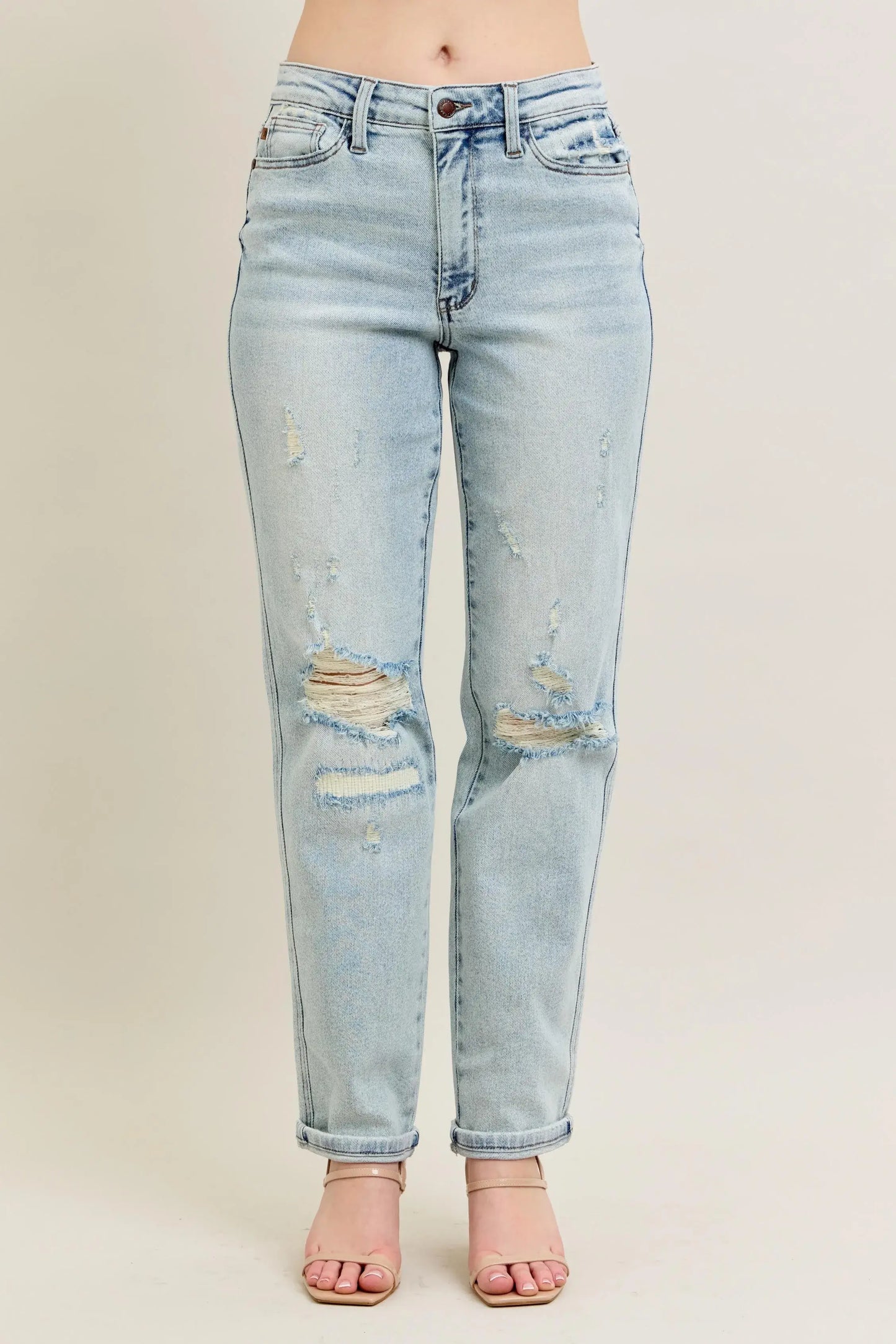 Judy Blue Full Size Mr Repair Stitch Detail Destroy Single Cuff Bf Jeans Plus Size - Trendsi - Flyclothing LLC
