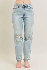 Judy Blue Full Size Mr Repair Stitch Detail Destroy Single Cuff Bf Jeans Plus Size - Trendsi - Flyclothing LLC