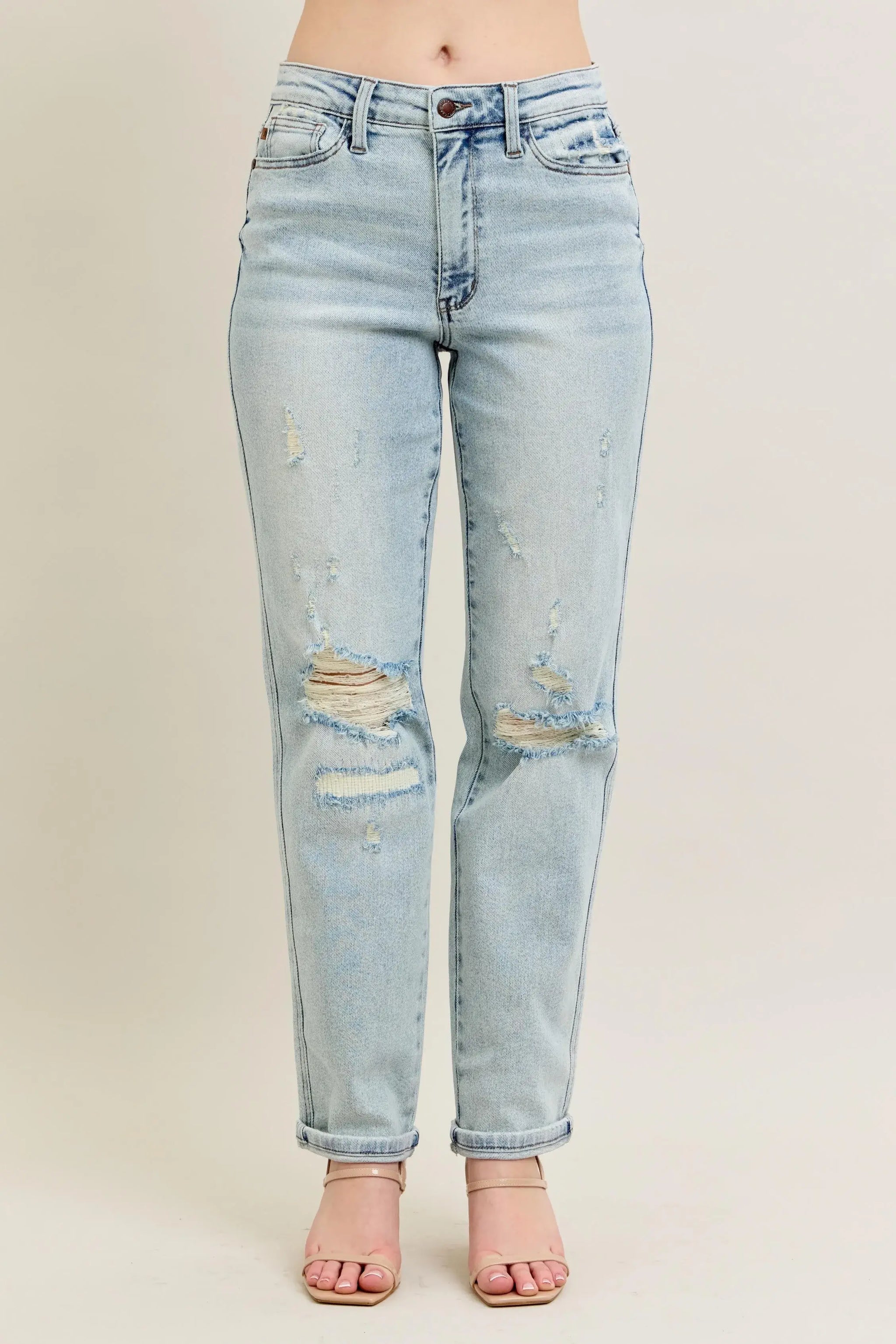 Judy Blue Full Size Mr Repair Stitch Detail Destroy Single Cuff Bf Jeans Plus Size - Trendsi - Flyclothing LLC