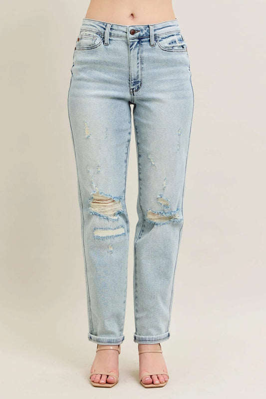 Judy Blue Full Size Mr Repair Stitch Detail Destroy Single Cuff Bf Jeans Plus Size - Trendsi - Flyclothing LLC