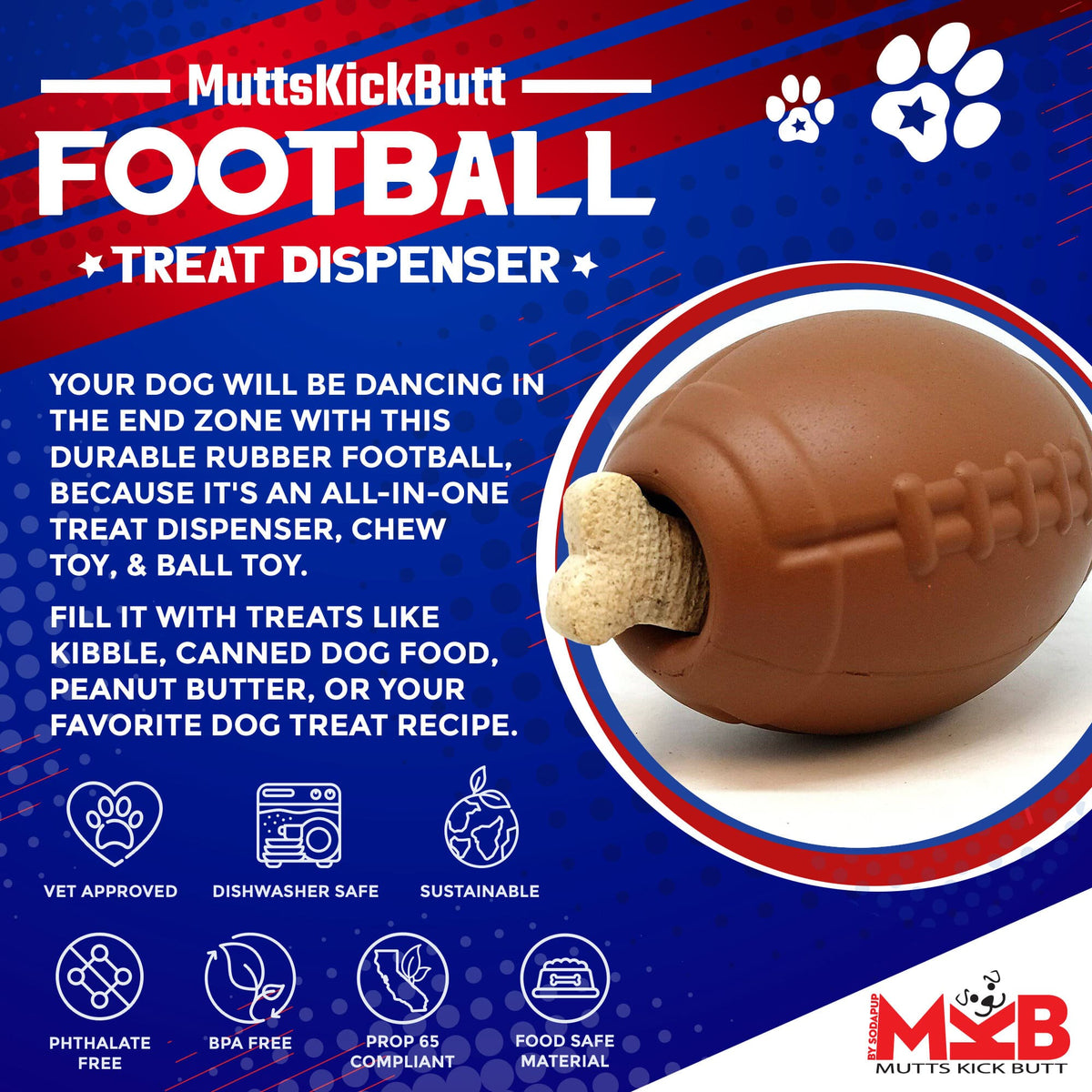 Football Dog Chew Toy & Treat Dispenser - USA Made | SodaPup - SodaPup/True Dogs, LLC - Flyclothing LLC