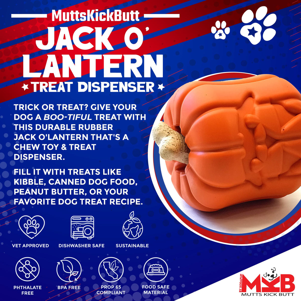 Jack O' Lantern Dog Toy - Durable Halloween Chew Toy for Large Dogs | USA Made - SodaPup/True Dogs, LLC - Flyclothing LLC