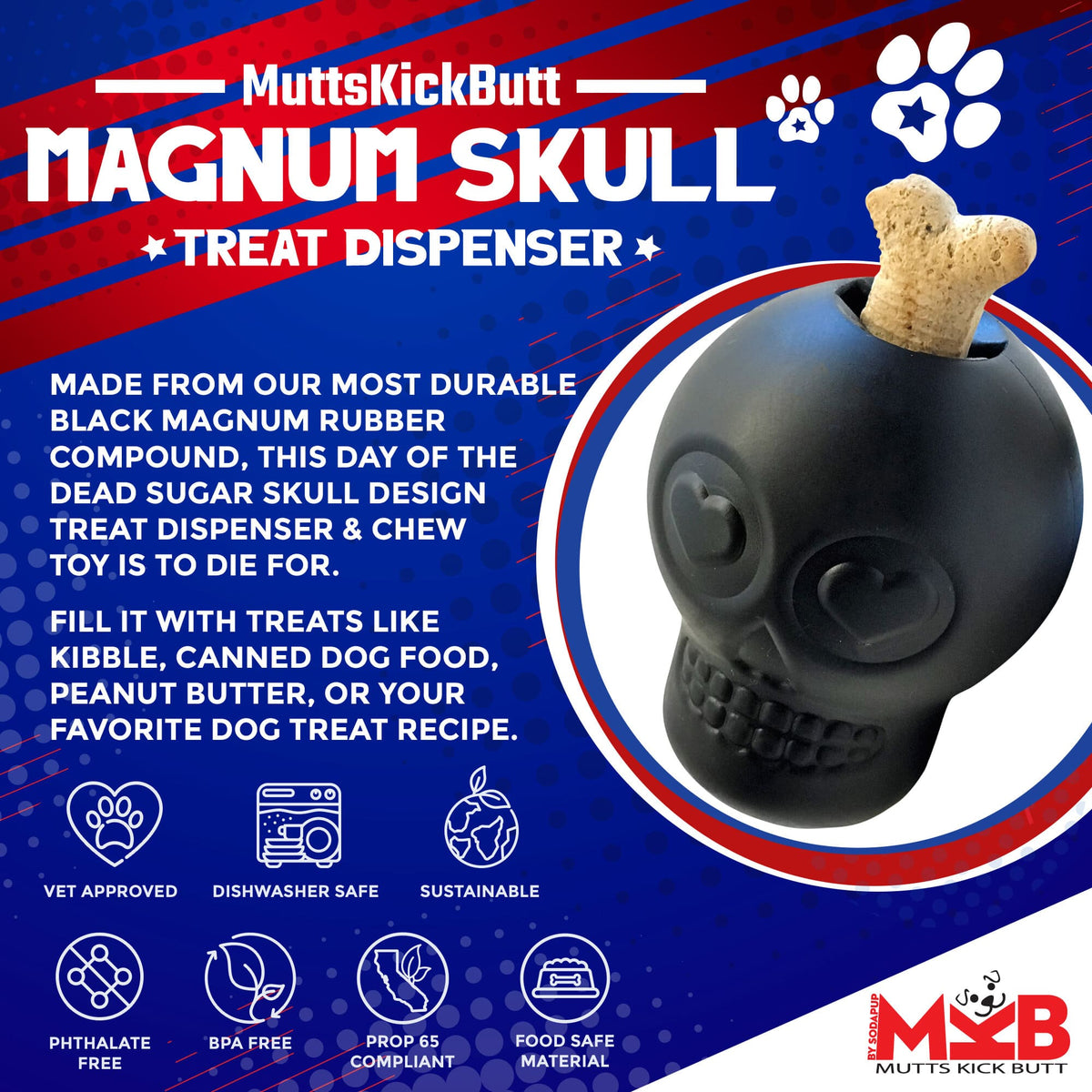 Magnum Sugar Skull Dog Chew Toy & Treat Dispenser - USA Made | SodaPup - SodaPup/True Dogs, LLC - Flyclothing LLC